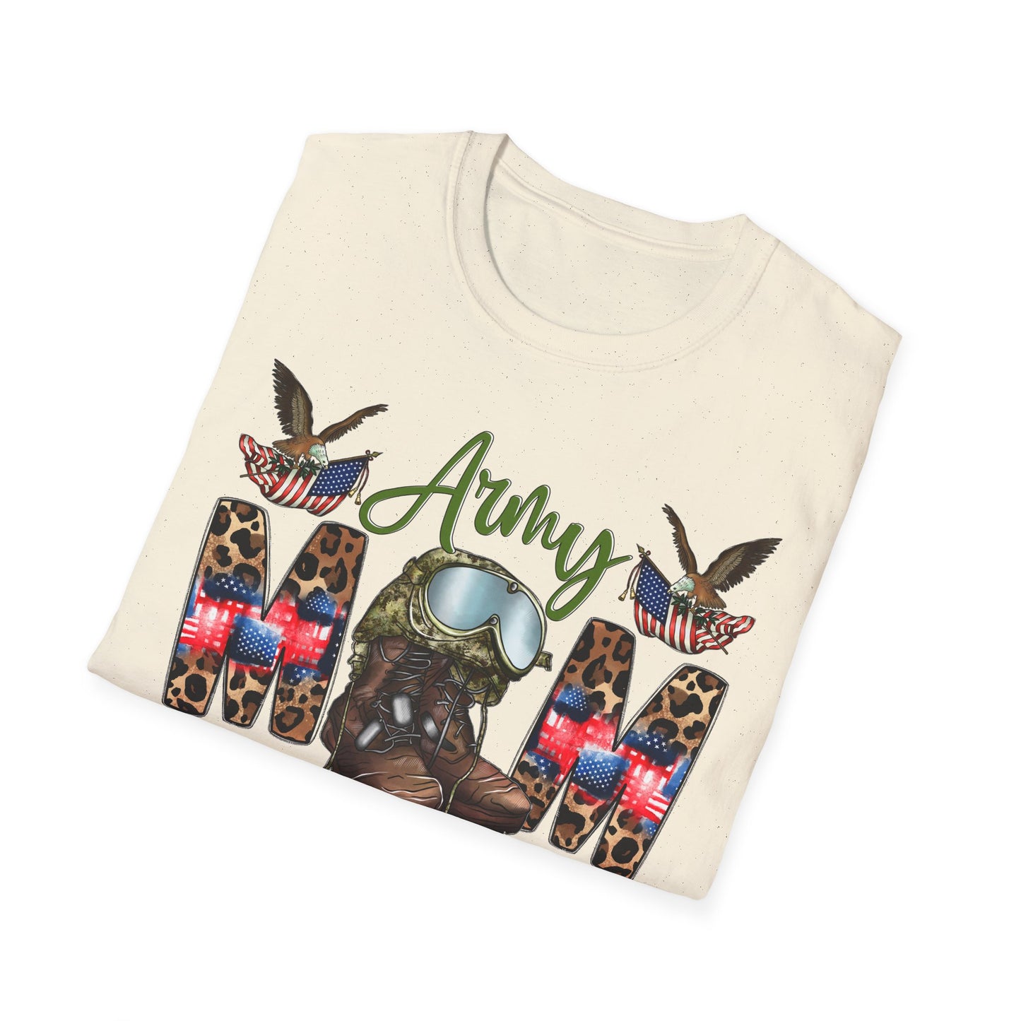 Army Mom T-Shirt — Patriotic Military Mom Tee with Helmet & Boots Design