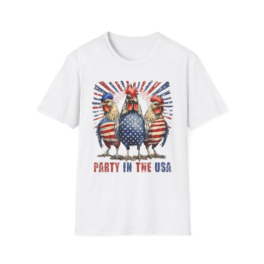 Party in the USA Rooster T-Shirt — Patriotic 4th of July Chicken Tee