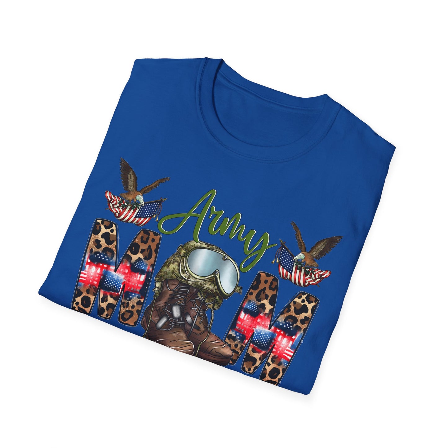 Army Mom T-Shirt — Patriotic Military Mom Tee with Helmet & Boots Design