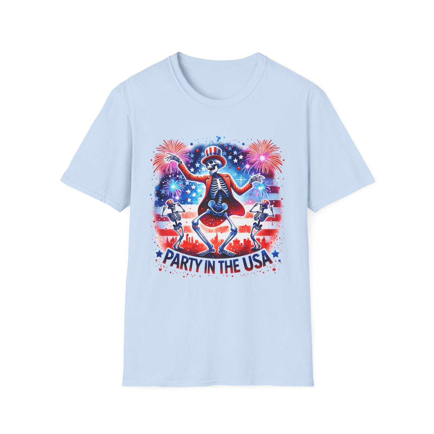 Party in the USA Skeleton Tee — 4th of July Patriotic Fireworks T-Shirt