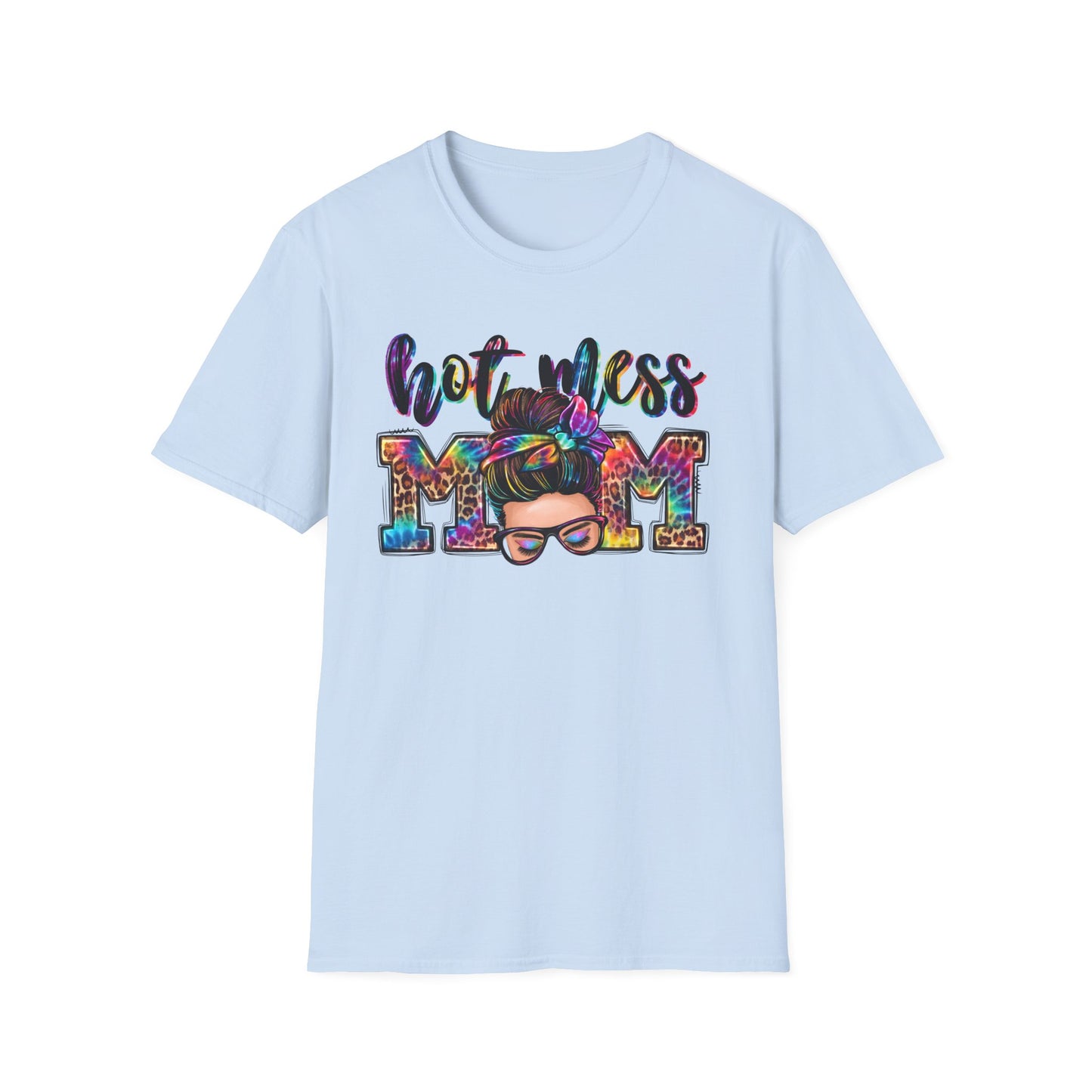 Hot Mess Mom Tee — Colorful Messy Bun Mom T-Shirt, Funny Mother’s Day Gift