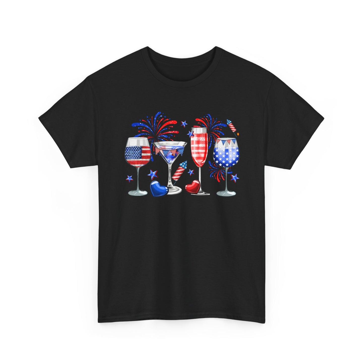 Patriotic Wine Glasses Tee – 4th of July Red White Blue Celebration Shirt