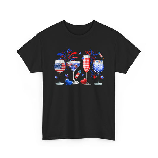 Patriotic Wine Glasses Tee – 4th of July Red White Blue Celebration Shirt