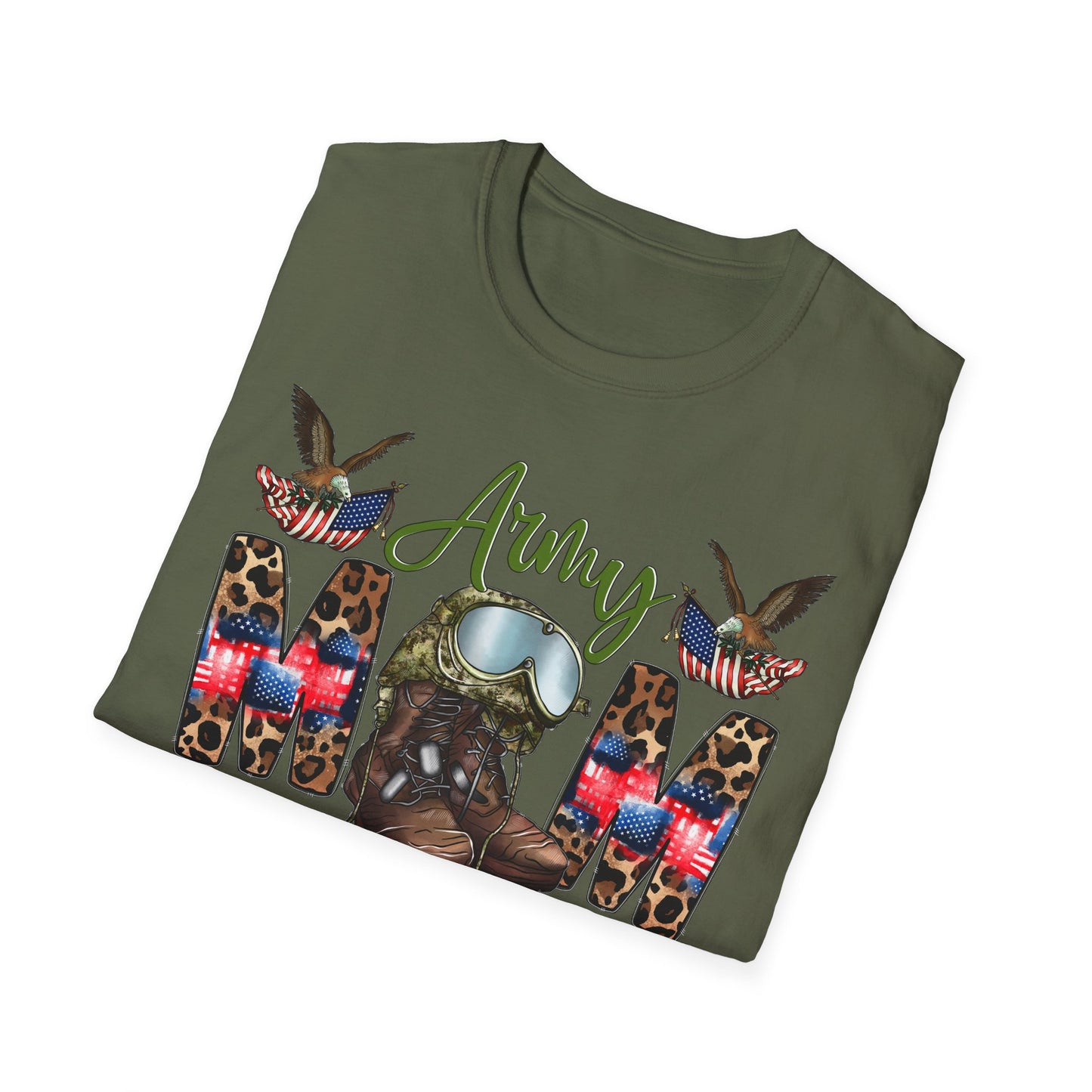 Army Mom T-Shirt — Patriotic Military Mom Tee with Helmet & Boots Design