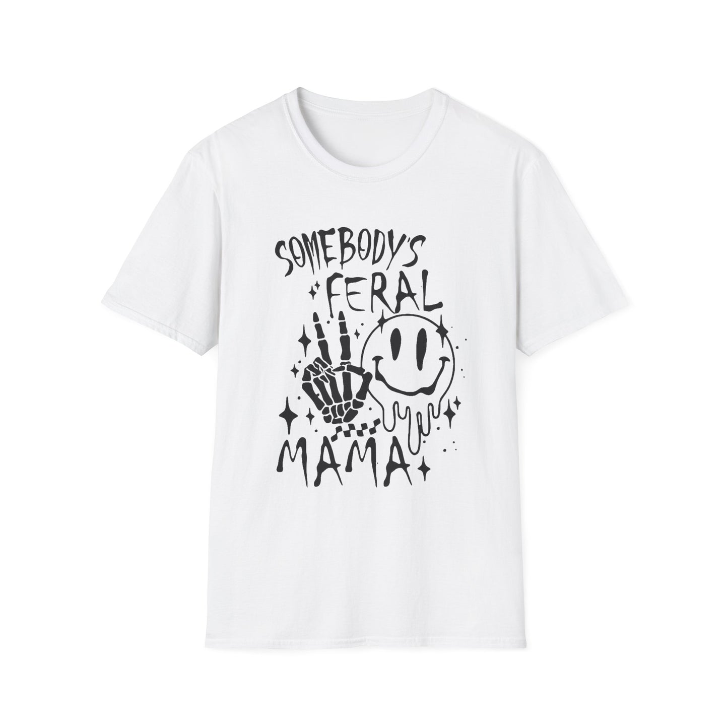 Somebody's Feral Mama T-Shirt — Smiley Skull Graphic Tee for Edgy Moms