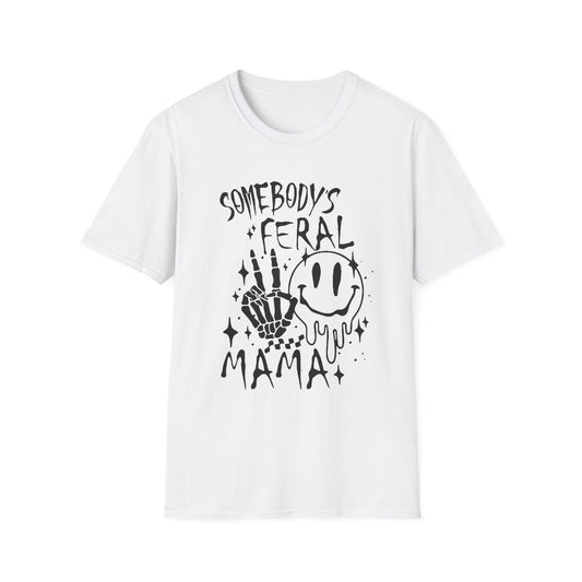 Somebody's Feral Mama T-Shirt — Smiley Skull Graphic Tee for Edgy Moms