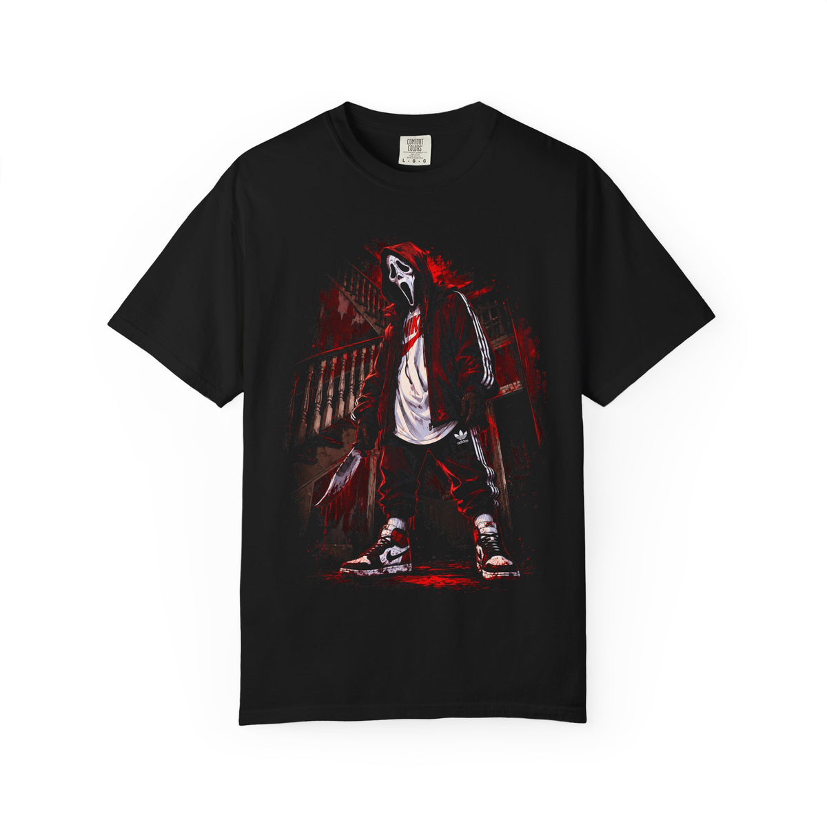Hooded Masked Figure graphic T-shirt | Horror Streetwear, Red Noir Design