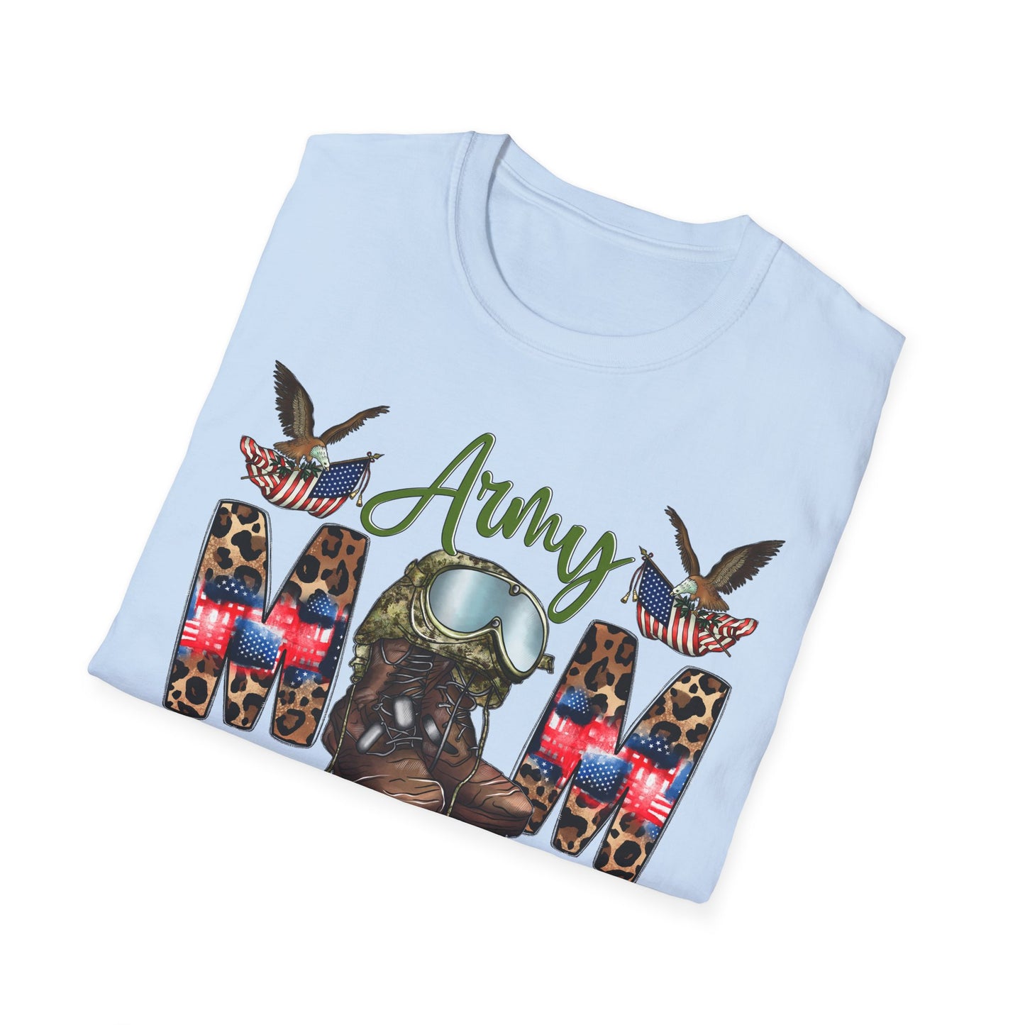 Army Mom T-Shirt — Patriotic Military Mom Tee with Helmet & Boots Design