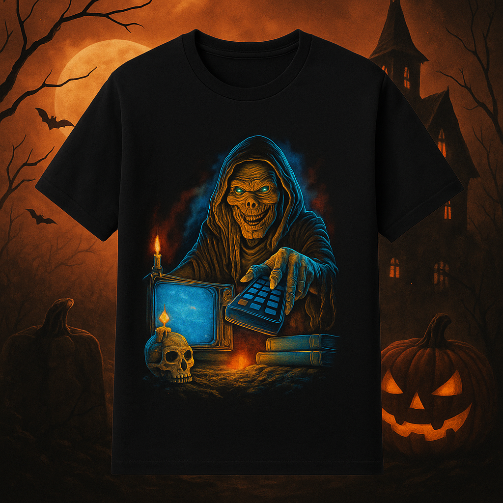 Grim Calculations" – Halloween Skeleton Graphic Tee with Haunted Tech Vibes