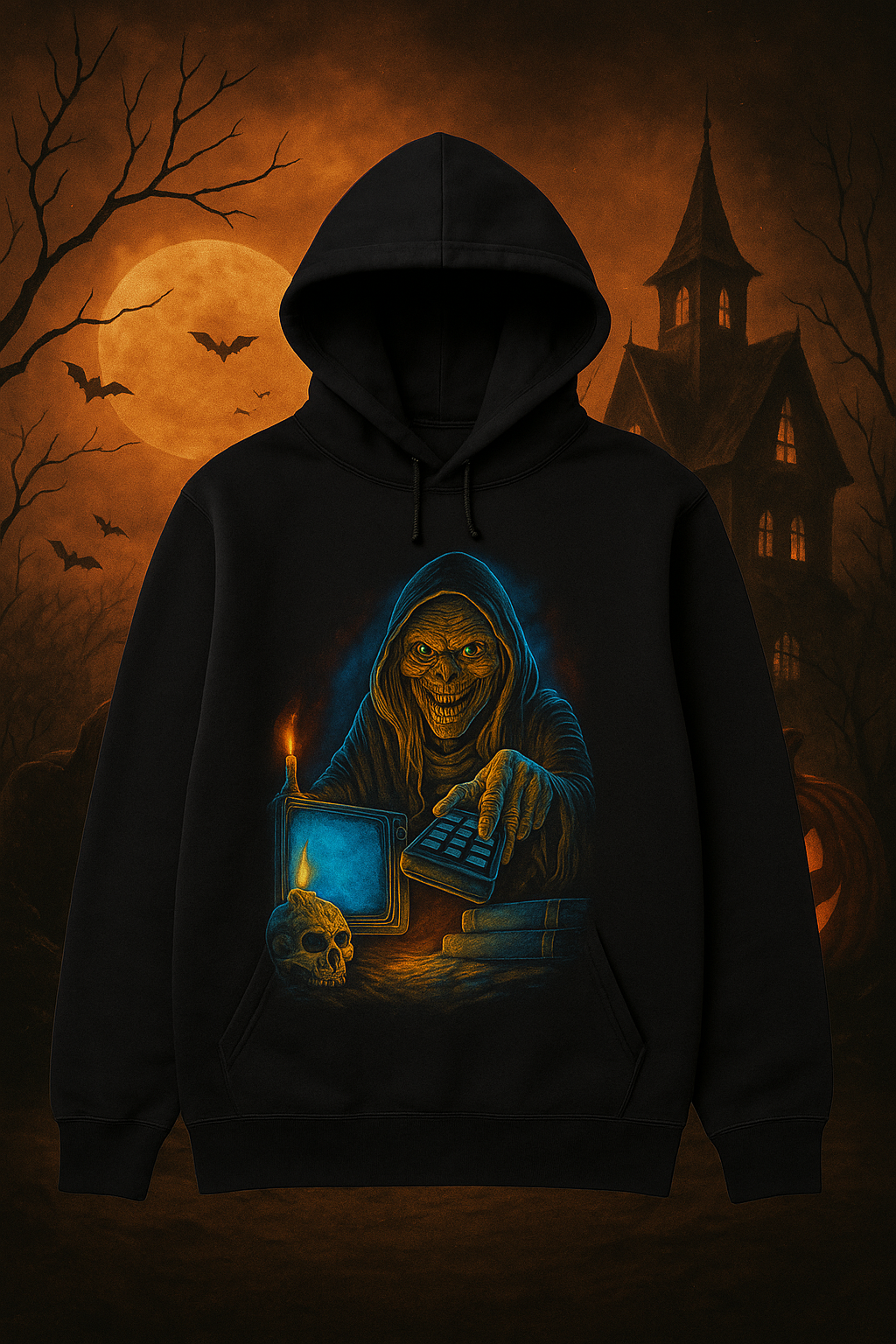 Grim Tech" – Halloween Skeleton Hoodie with Haunted Calculator & Gothic Moonlight Hoodie