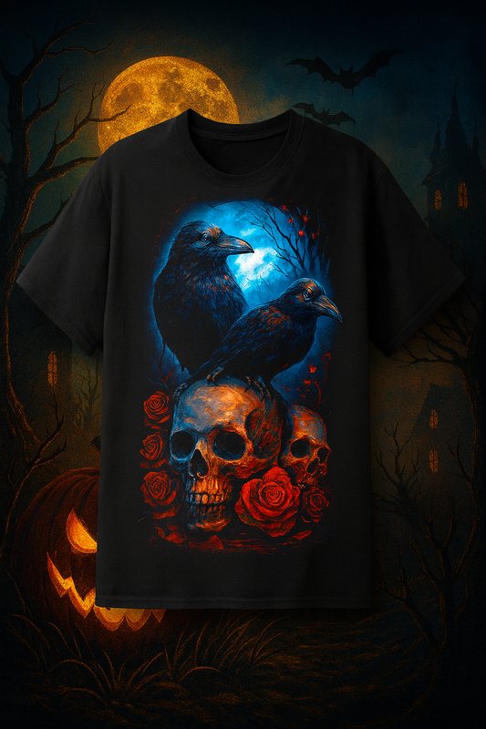 Ravens & Roses" – Gothic Skull Art Halloween Tee