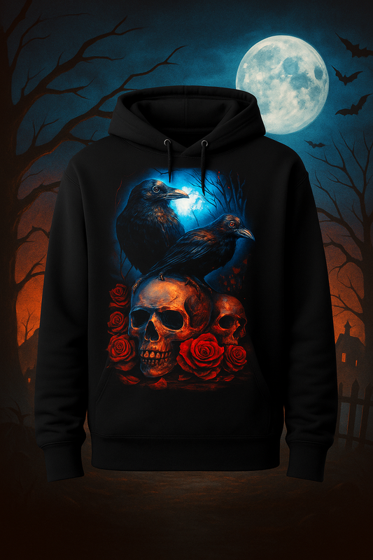 Ravens & Skulls" – Gothic Halloween Hoodie with Moonlit Forest Design