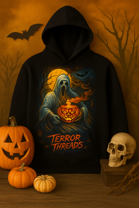 Terror Threads Halloween Hoodie – Ghost with Pumpkin Glow Pullover for Spooky Season