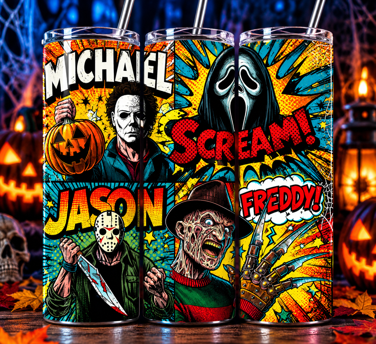 Horror Legends Comic Book 20 oz Tumbler – Michael Myers Jason Freddy Ghostface Cup