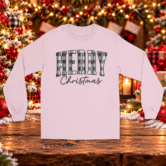Black and Gray Plaid Merry Christmas Long Sleeve Sweater – Holiday Graphic Sweater