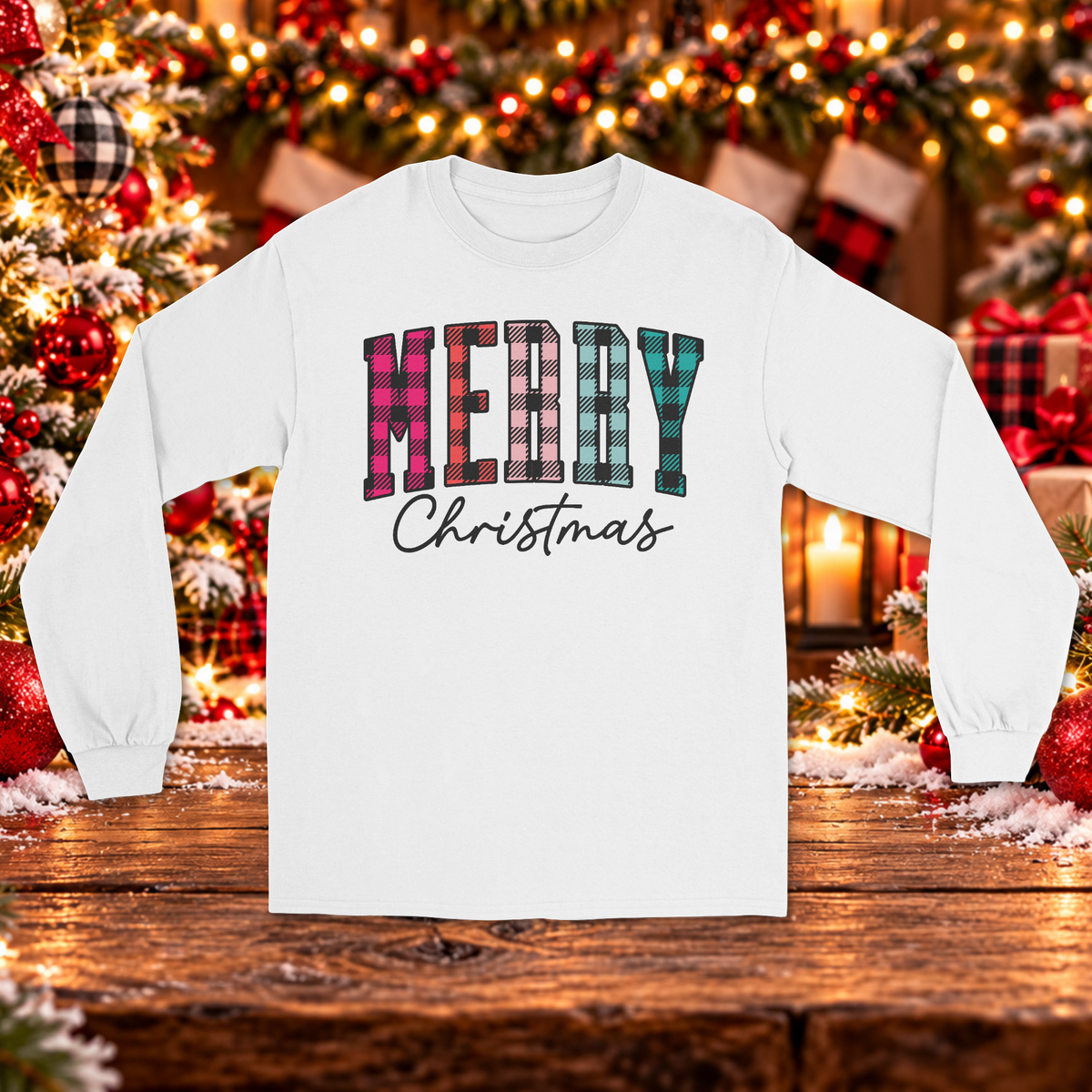 Colorful Plaid Merry Christmas Long Sleeve Sweater – Pink and Teal Holiday Sweater
