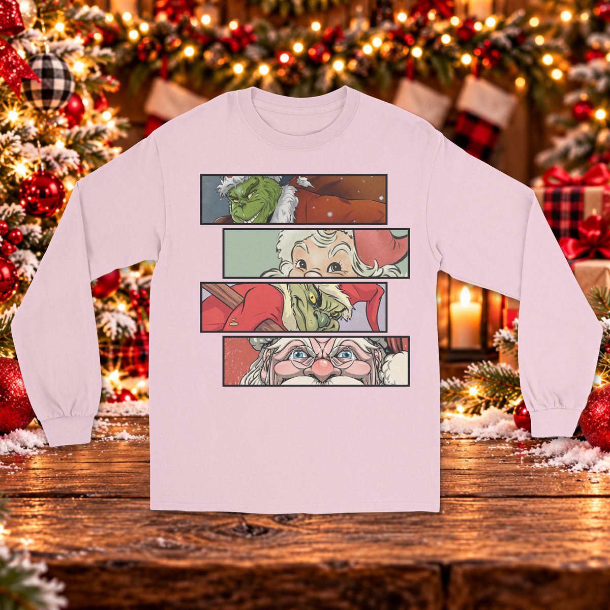 Christmas Mischief vs. Santa Comic Strip Long Sleeve Sweater – Holiday Character Graphic