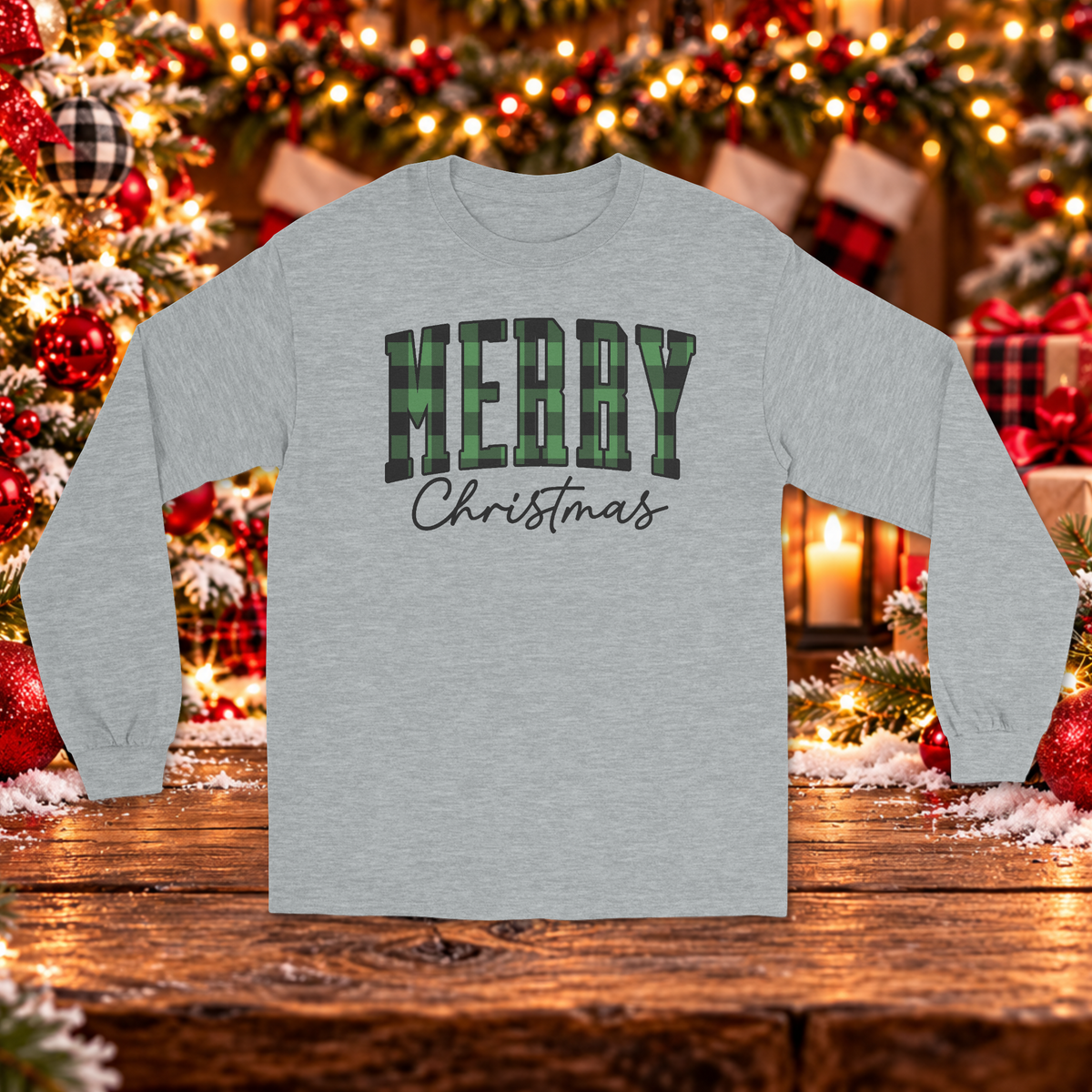 Green Buffalo Plaid Merry Christmas Long Sleeve Sweater– Festive Holiday Graphic Sweater
