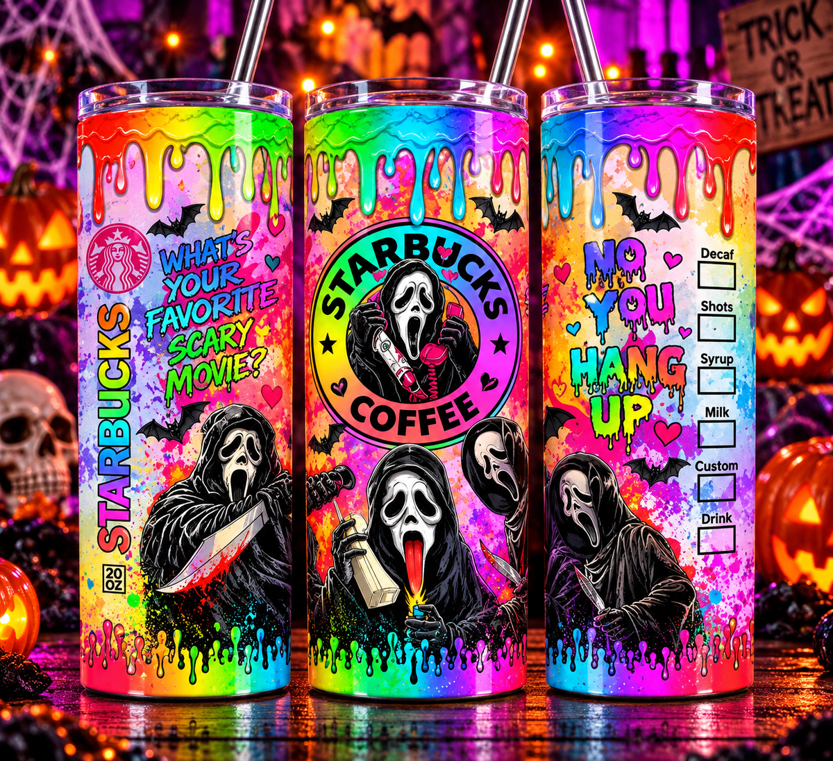Neon Ghostface Coffee 20 oz Tumbler – Rainbow Horror Halloween Cup