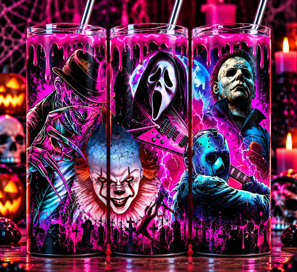Neon Horror Icons 20 oz Tumbler – Freddy Ghostface Michael Jason Pennywise Cup