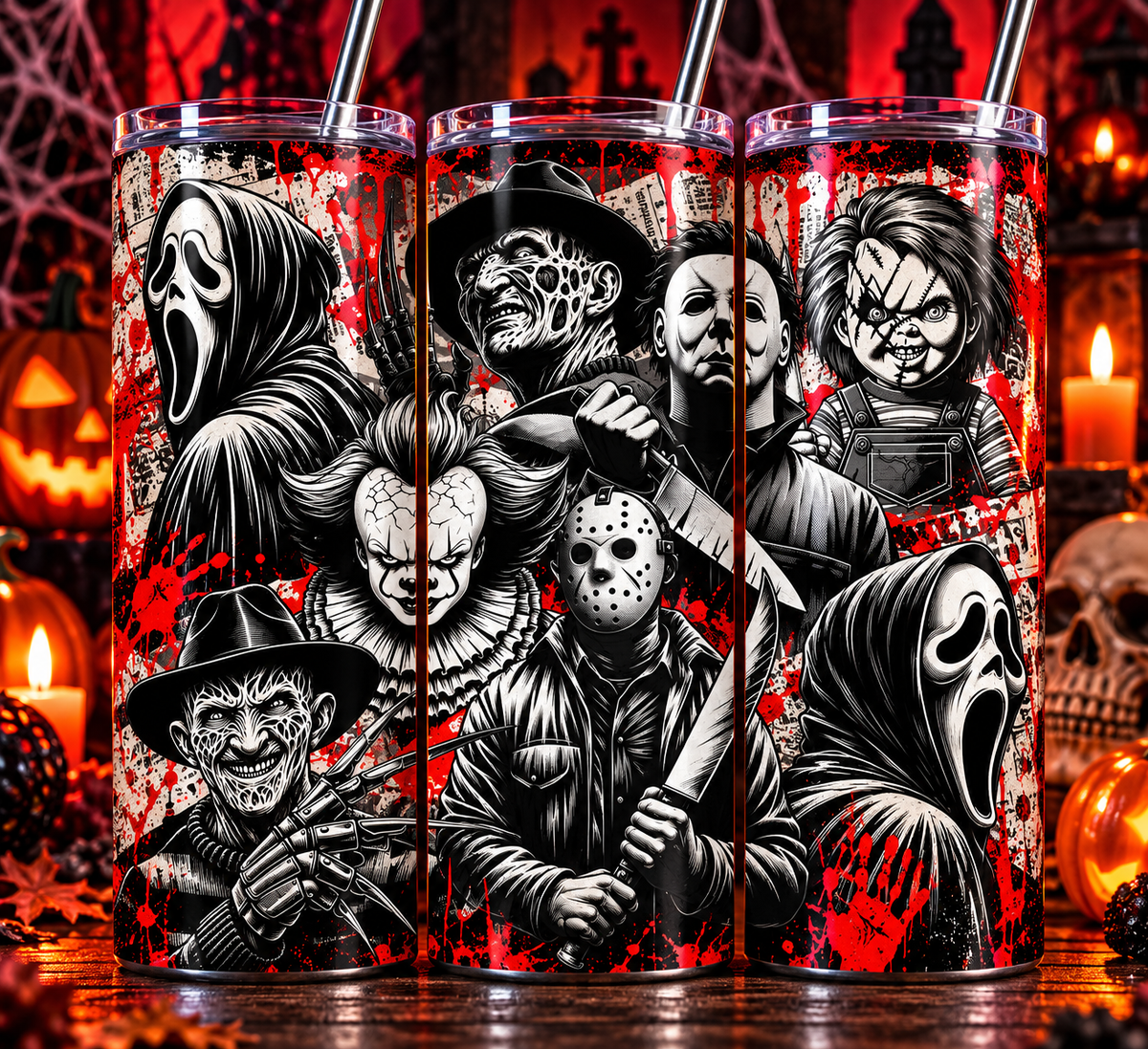 Classic Horror Villains 20 oz Tumbler – Black White Red Slasher Collage Cup
