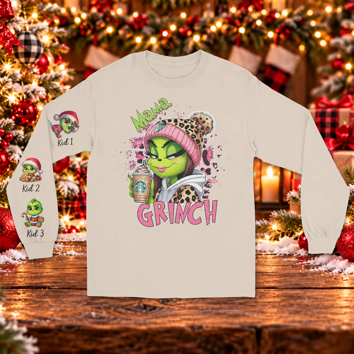 Personalized Mama Grinch Christmas Sweatshirt – Custom Kids Names on Sleeves