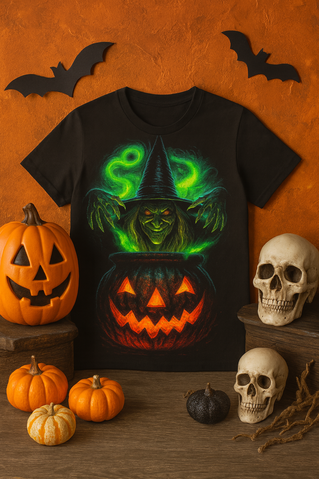 Witch Cauldron Halloween T-Shirt – Spooky Green Glow Witch & Pumpkin Face Tee