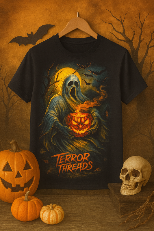 Terror Threads Ghost with Pumpkin T-Shirt – Haunted Halloween Spirit Tee for Spooky Season