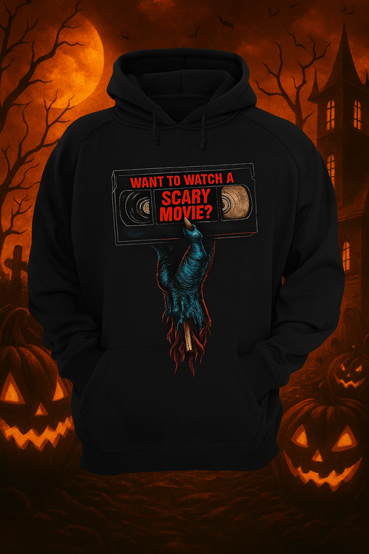 Want to Watch a Scary Movie?” Hoodie – Retro Horror VHS Halloween Pullover for Horror Fans
