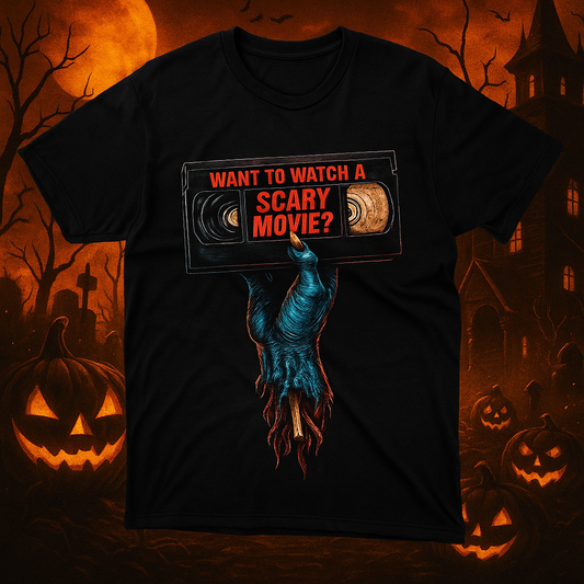 Want to Watch a Scary Movie?" Horror VHS Retro Halloween T-Shirt – Creepy Vintage Monster Hand Tee