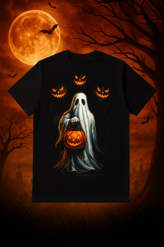 Ghost with Pumpkin Halloween T-Shirt – Spooky Trick-or-Treat Ghost Tee with Jack-o’-Lanterns
